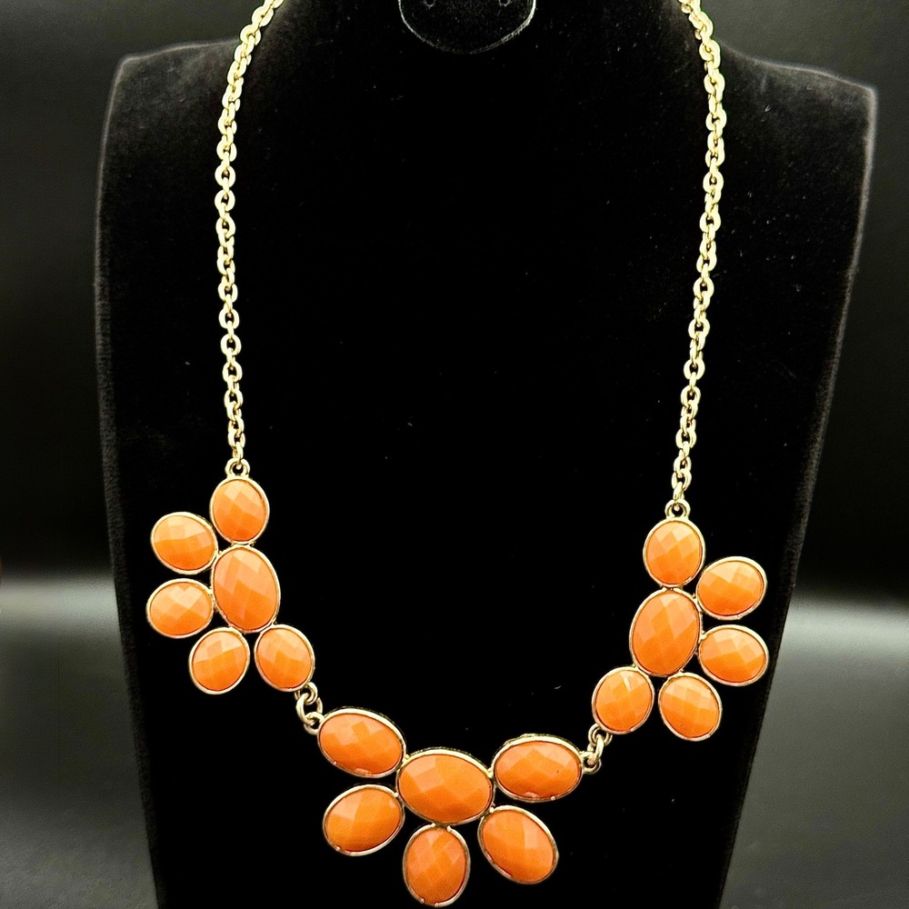 Gold‎ Tone Orange Faceted Stone Flower Bib Statement Necklace Women